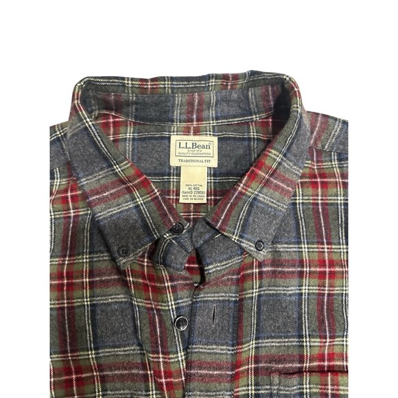 L.L.Bean Traditional Fit Plaid Flannel Button-Down Shirt Gray Red Green Men’s XL - Picture 3 of 7